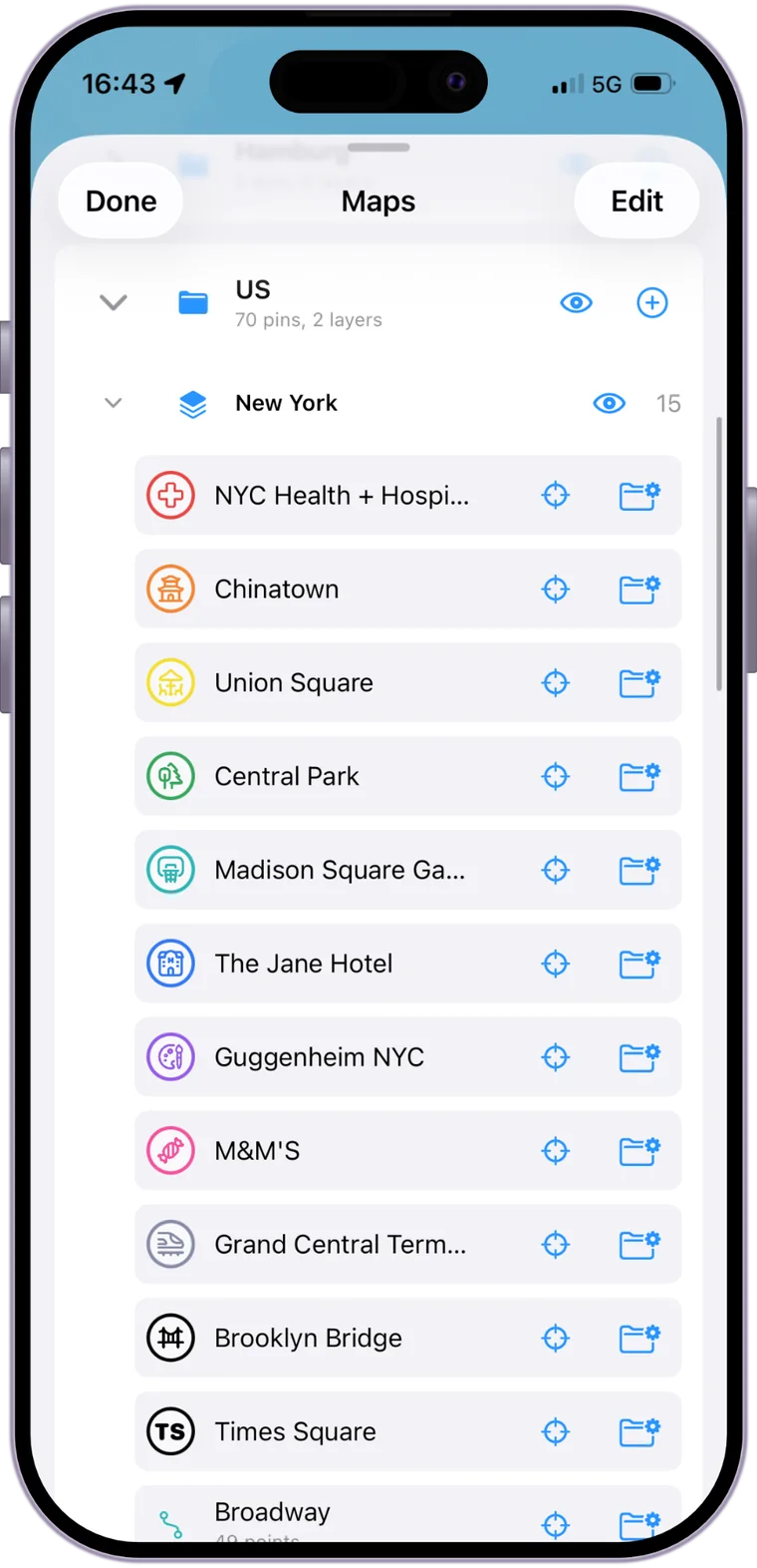 Maps and layers list