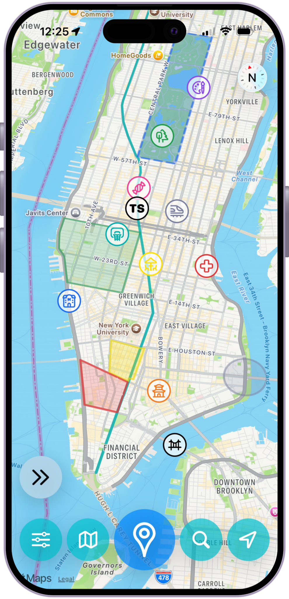 Put A Pin In It showing custom pins, routes, and shapes on a New York map