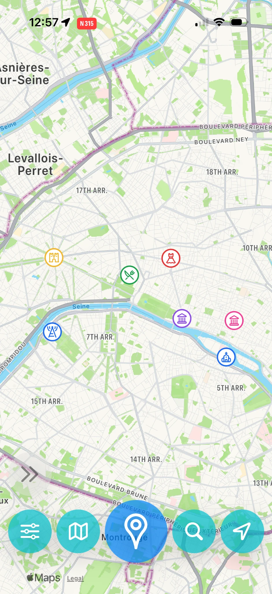 The five main controls stay close at hand at the bottom of the map.