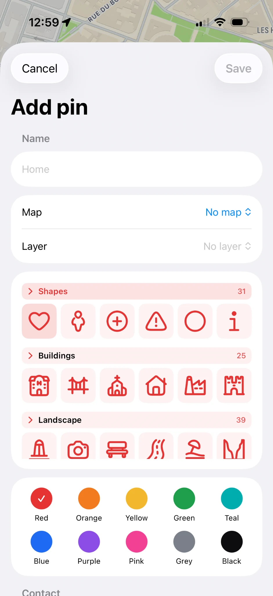 The Add pin sheet combines naming, map assignment, icons, and color in one flow.