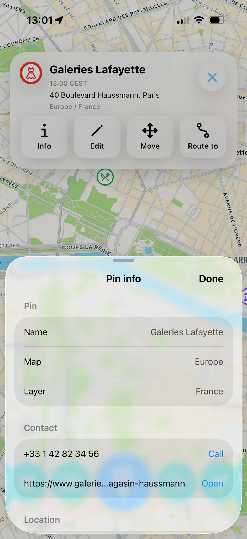Pin info keeps place details, map context, and contact information together.