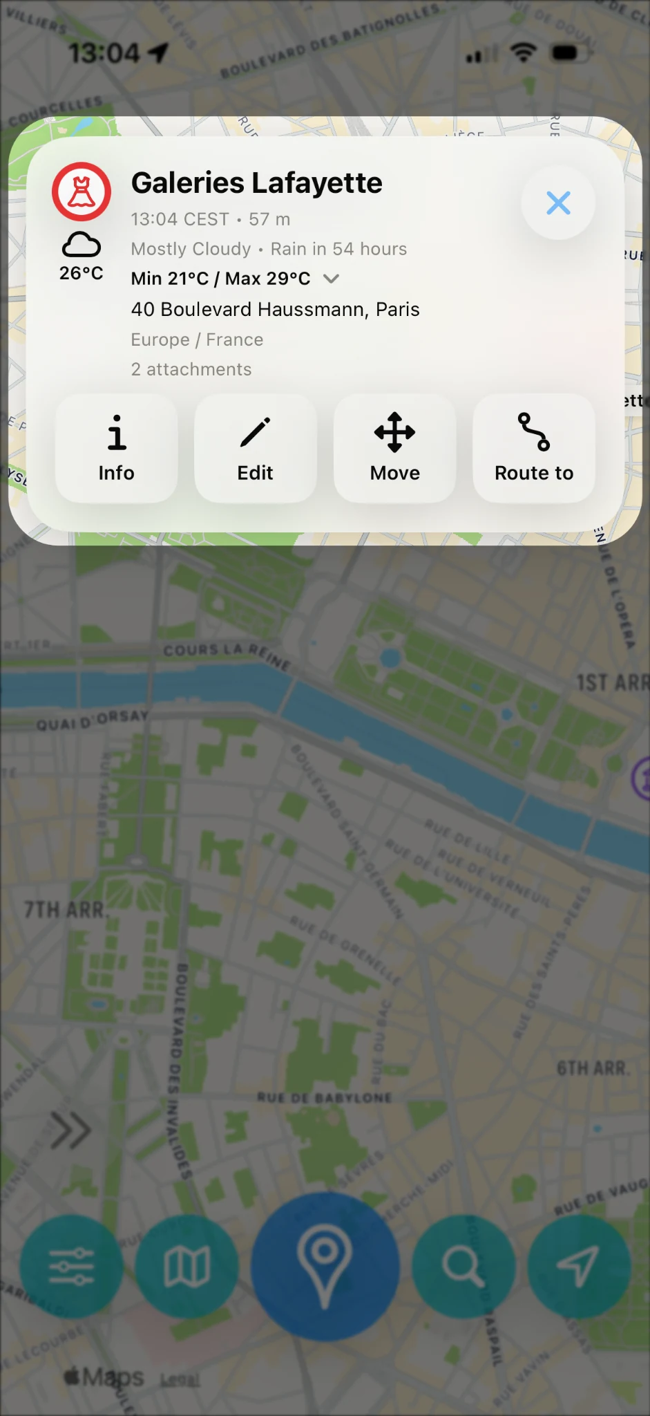 Weather and elevation can appear directly on the pin card.