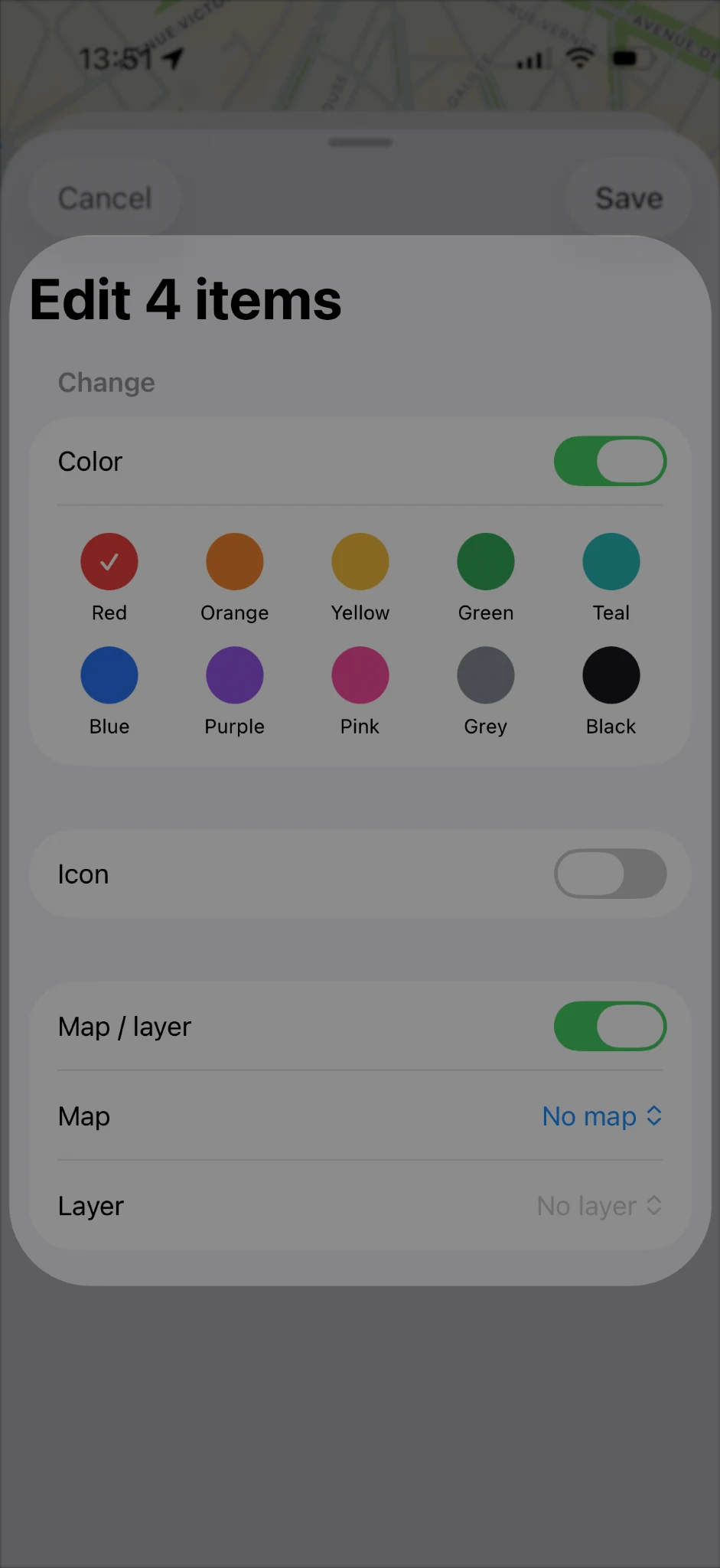 Batch editing lets one change apply to several selected items.
