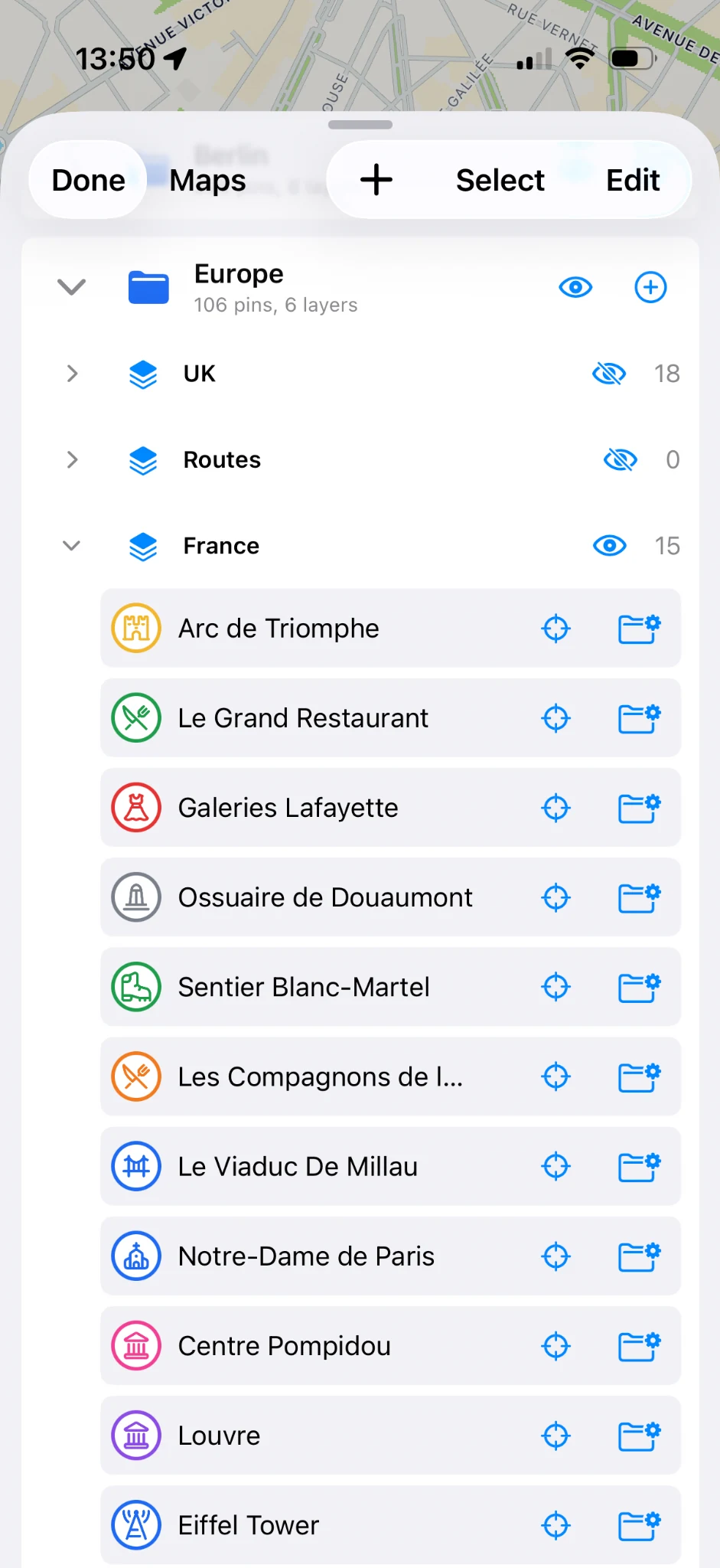 Expand a map to see layers and the pins inside them.